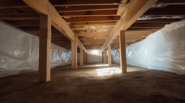 Crawl space with wooden beam, support post and white plastic vapor barrier protecting foundation.