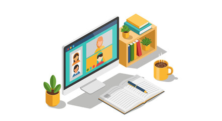 Home office setup with video call display and cozy workspace elements