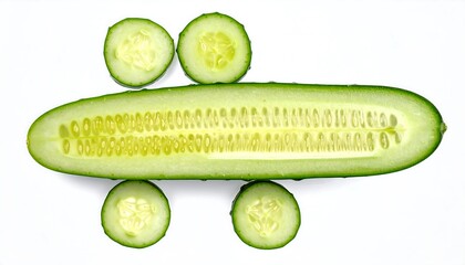 Cucumber cut lengthwise with three slices, revealing seeds and flesh, on white background
