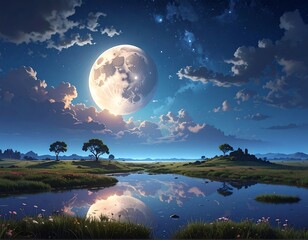 Dreamy nightscape a full moon reflects in a tranquil lake, under a star-studded sky, with grass and trees