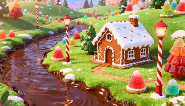 Whimsical gingerbread house and candy land landscape with chocolate river playful Christmas 3D render - Powered by Adobe