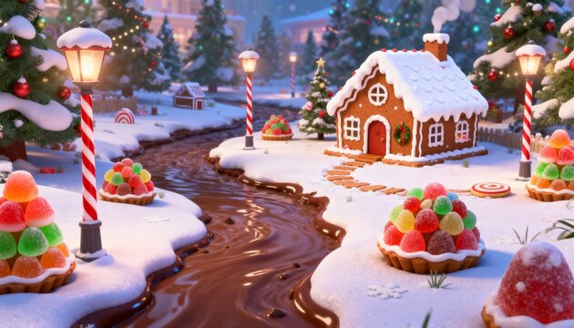 Whimsical gingerbread house and candy land landscape with chocolate river playful Christmas 3D render
