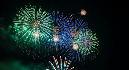 Display of colorful fireworks against a dark night sky, creating an explosive burst of light, representing celebration, festivity, and joyous occasion