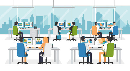 Modern open office workspace with diverse team collaborating on computers in a bright city setting