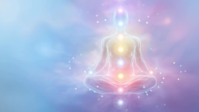 A glowing translucent figure sits in meditation with bright chakra points aligned along the body, creating a calm, spiritual, and balanced atmosphere.