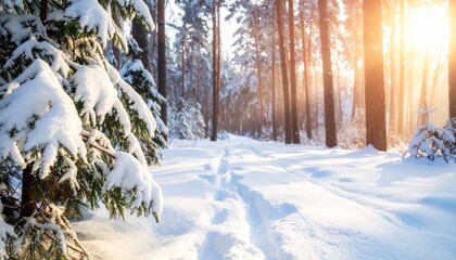 Snowy forest path bathed in warm sunlight during a tranquil winter afternoon