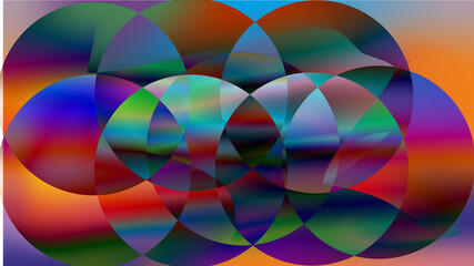 Abstract geometric pattern with vibrant rainbow gradient circles and shapes