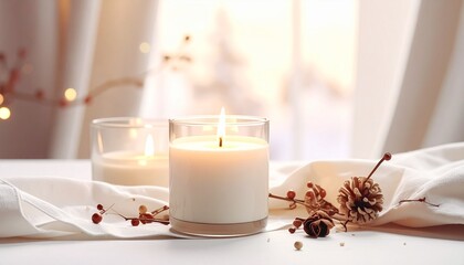 A serene and cozy home setting with a single lit white candle in a glass jar, creating a warm and relaxing atmosphere for a winter evening