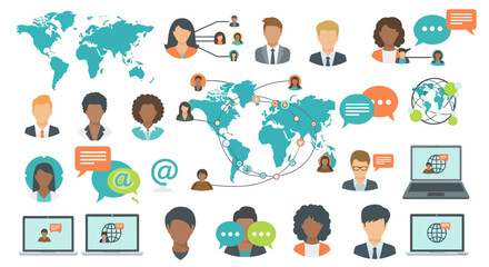 Global communication network with diverse people and technology icons