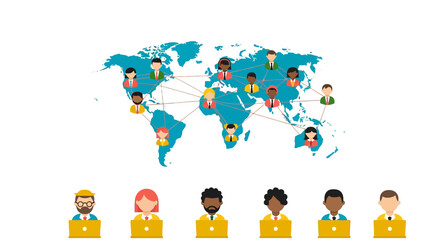 Global network of diverse professionals collaborating online across the world map