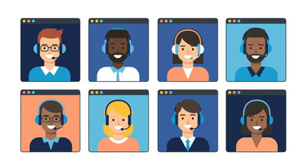 Colorful flat avatar grid of diverse call center customer support agents with headsets