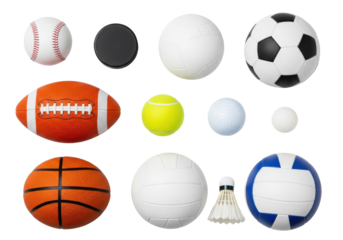 Photorealistic flat lay overhead of diverse unbranded sports items on transparent background, active lifestyle concept