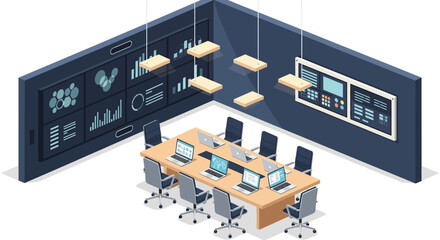Isometric design of a modern conference room with technology and data displays