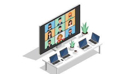 Naklejka premium Isometric virtual meeting setup with laptops and conference screen