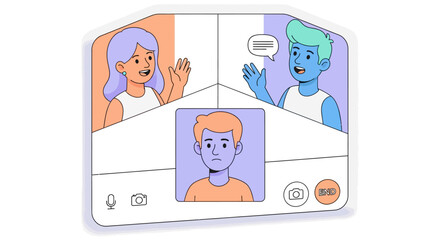 Colorful video call interface with cartoon characters communicating in split screen