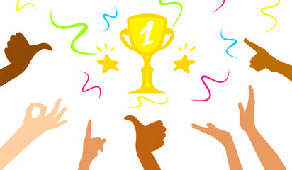 Fototapeta premium Winning success business poster concept, vector victory isolated illustration, flat cartoon hands up celebration party confetti decoration certificate design.