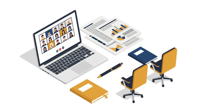 Isometric virtual meeting workspace with laptop and office supplies