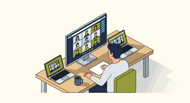 Isometric remote work setup with multiple screens for video conferencing
