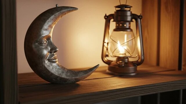 Rustic Charm: A vintage lantern and a whimsical moon face sculpture sit on a wooden shelf bathed