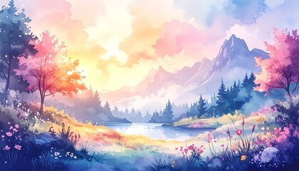 Dreamy pastel landscape with soft focus mountains, trees, meadow, and serene lake under a colorful sky