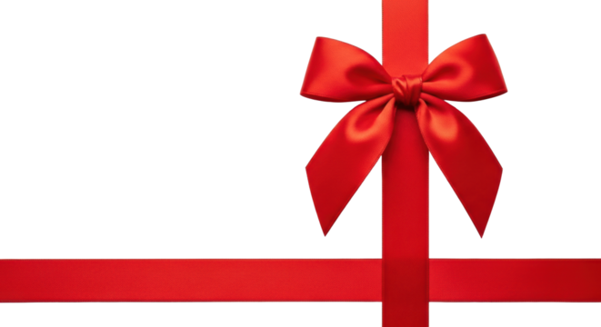 Pristine, vibrant red satin bow and matching straight ribbon strip, luxurious texture, isolated on a transparent background with copy space, high-quality corporate concept