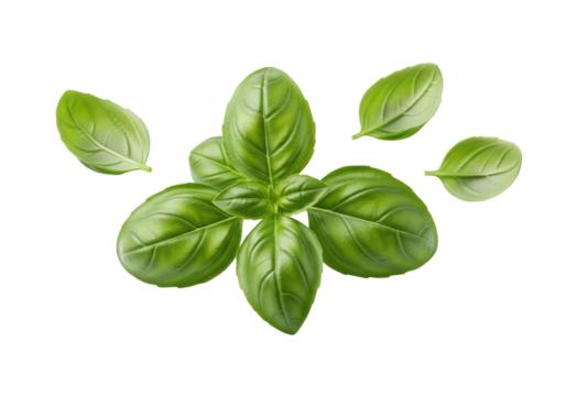 Fresh, vibrant green basil leaves, crisp and recently picked, isolated on transparent with negative space and soft studio light, creating a floating effect, culinary inspiration