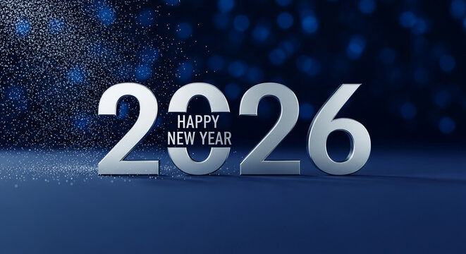Image with metallic numbers "2026" and "Happy New Year" inscription against blue background with glitter. Holiday celebration concept, greeting, banner - Powered by Adobe
