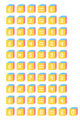 Multiplication table chart on block toy for kids. Educational materials. Number six multiply.