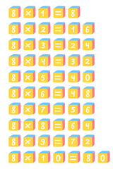 Multiplication table chart on block toy for kids. Educational materials. Number eight multiply.