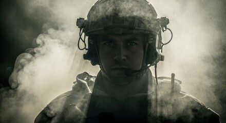 A soldier in helmet and headset stands amidst smoke with a determined expression on his face close up