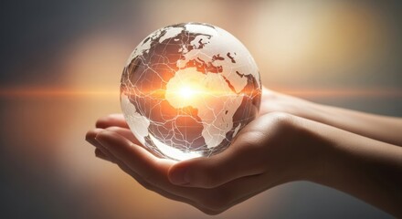 Hands holding a glass globe with a bright light emanating from within the african continent