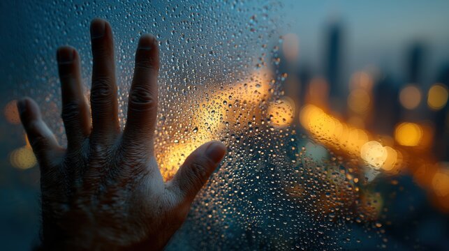 Hand pressing on wet glass window with rain drops and city night bokeh lights.

