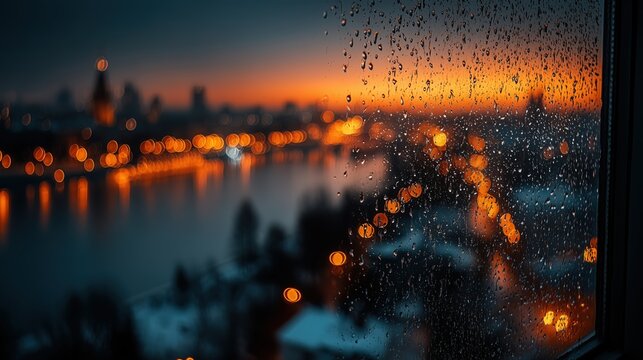 City skyline view through wet window with rain drops at sunset dusk.

