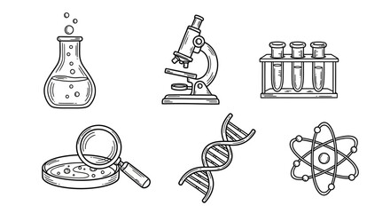 Hand drawn science icons: microscope, beaker, dna, atom, and test tubes