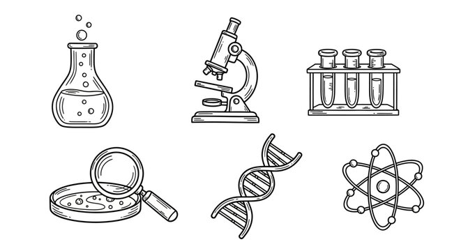 Hand drawn science icons: microscope, beaker, dna, atom, and test tubes
