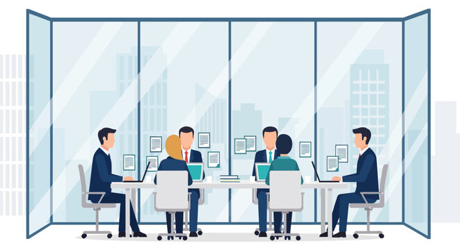 Modern office meeting in glass room with business professionals collaborating around conference table