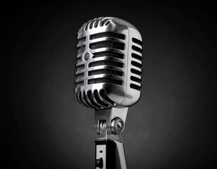 Classic silver microphone with grille pattern, against a dark, soft background in high contrast