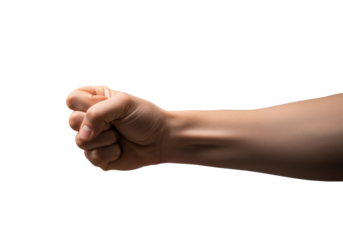 A clean, bare, well-groomed human fist clenched with determination against an isolated, minimalist background with soft, warm light, willpower and breakthrough concept for B2B