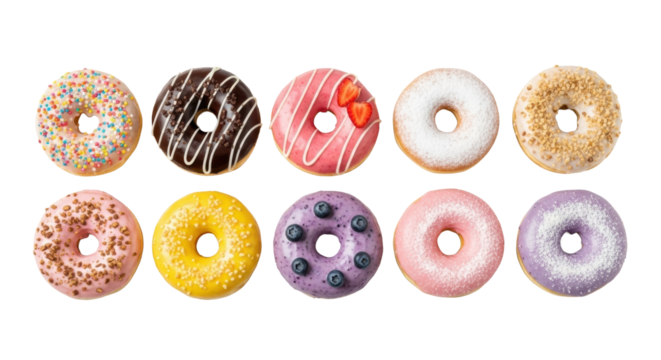 Nine distinct, perfectly crafted donuts with vibrant glazes, diverse toppings, arranged on a transparent background with shadow-less studio lighting, concept for sweet treats marketing
