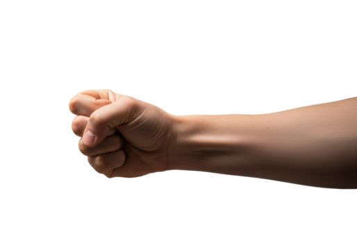 A clean, bare, well-groomed human fist clenched with determination against an isolated, minimalist background with soft, warm light, willpower and breakthrough concept for B2B