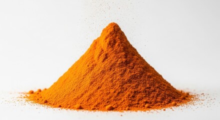 A conical pile of vibrant orange spice powder isolated on a clean white background for culinary use isolated on white background
