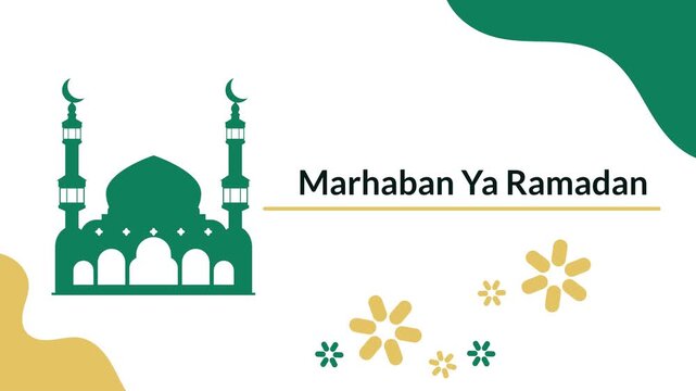 An animation of the text &ldquo;Marhaban Ya Ramadan&rdquo; with a green mosque silhouette. Ramadan theme. Islamic celebration day. Islamic theme. Simple animation. Motion graphic.