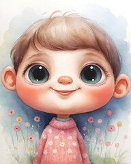 Emotional festive character with large eyes and flower-patterned sweater. Soft pastel background with blank space at the top for thin print text.