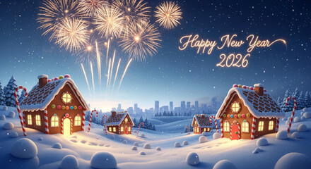 Naklejka premium Festive scene with gingerbread house, candy cane, snow, and fireworks on a blue night background, representing New Year 2026 and holiday spirit