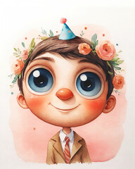 Festive character in formal attire with party hat and floral crown. Pink watercolor background with blank space on the left and right for text, making the illustration emotional.