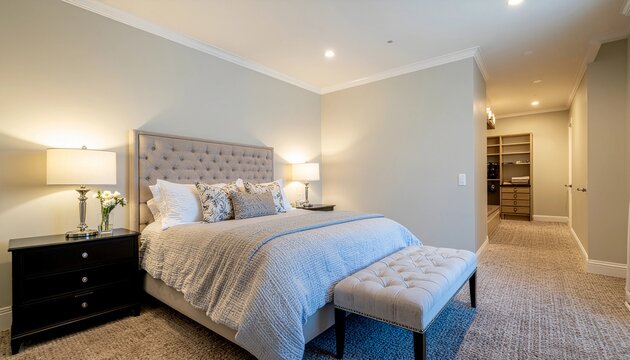 A beautifully appointed master bedroom with a luxurious tufted headboard, elegant bedside lamps, and a serene neutral color palette creating a tranquil and inviting retreat