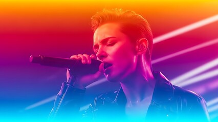 Female Singer Performing Live with Microphone Under Colorful Stage Lighting