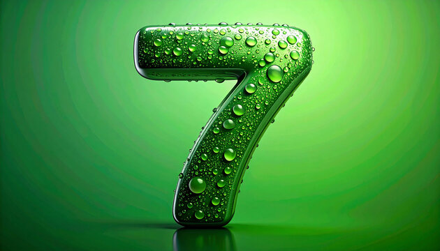 Abstract futuristic number 7 in glossy 3D style, covered with water droplets, green background.