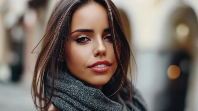 A woman with long brown hair and a gray scarf is smiling and laughing. She has a bright, happy expression on her face