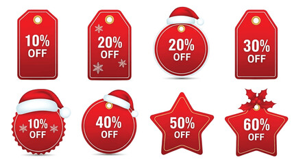 Set of red holiday sale labels and price tags showing various discounts for Christmas shopping promotions